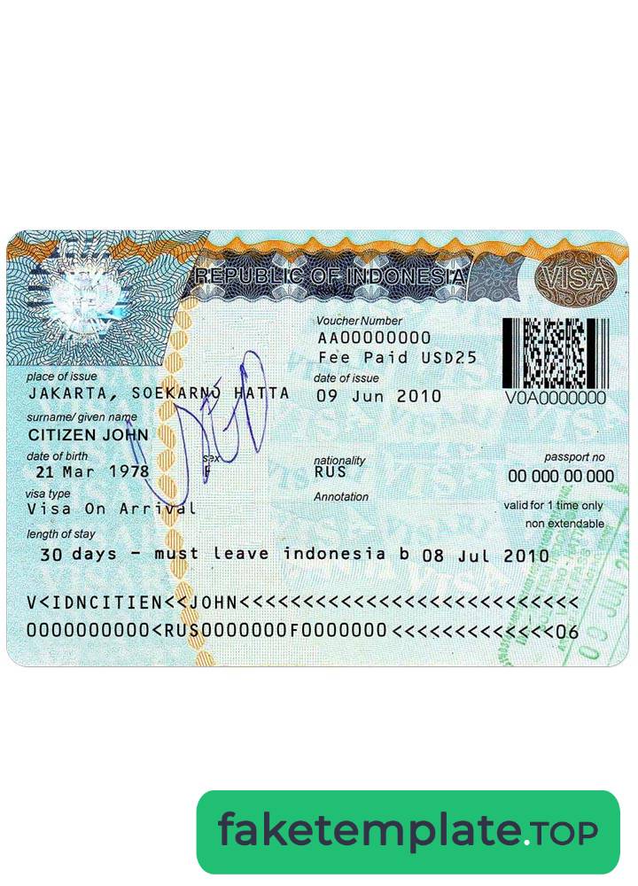 Feature of fake INDONESIA visa example